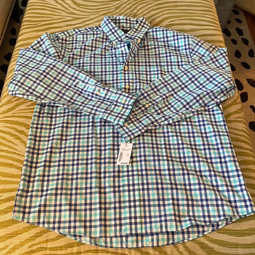 Navy blue and teal check men’s button down; NWT